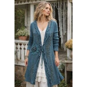 Pretty Angel Boho Duster Cardigan  Linen Blend Blue Floral Lace Appliqué Size S
